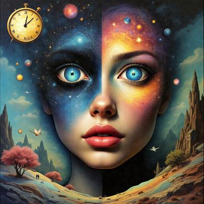 The primary subject of the image is a woman with blue eyes and a clock on her head. She is surrounded by a surreal and colorful environment, which includes a clock, a bird, a tree, and a clock. The setting appears to be a mix of a forest and a clock, creating a unique and artistic visual style. The woman's eyes are described as blue, and the overall atmosphere of the image is vibrant and imaginative.